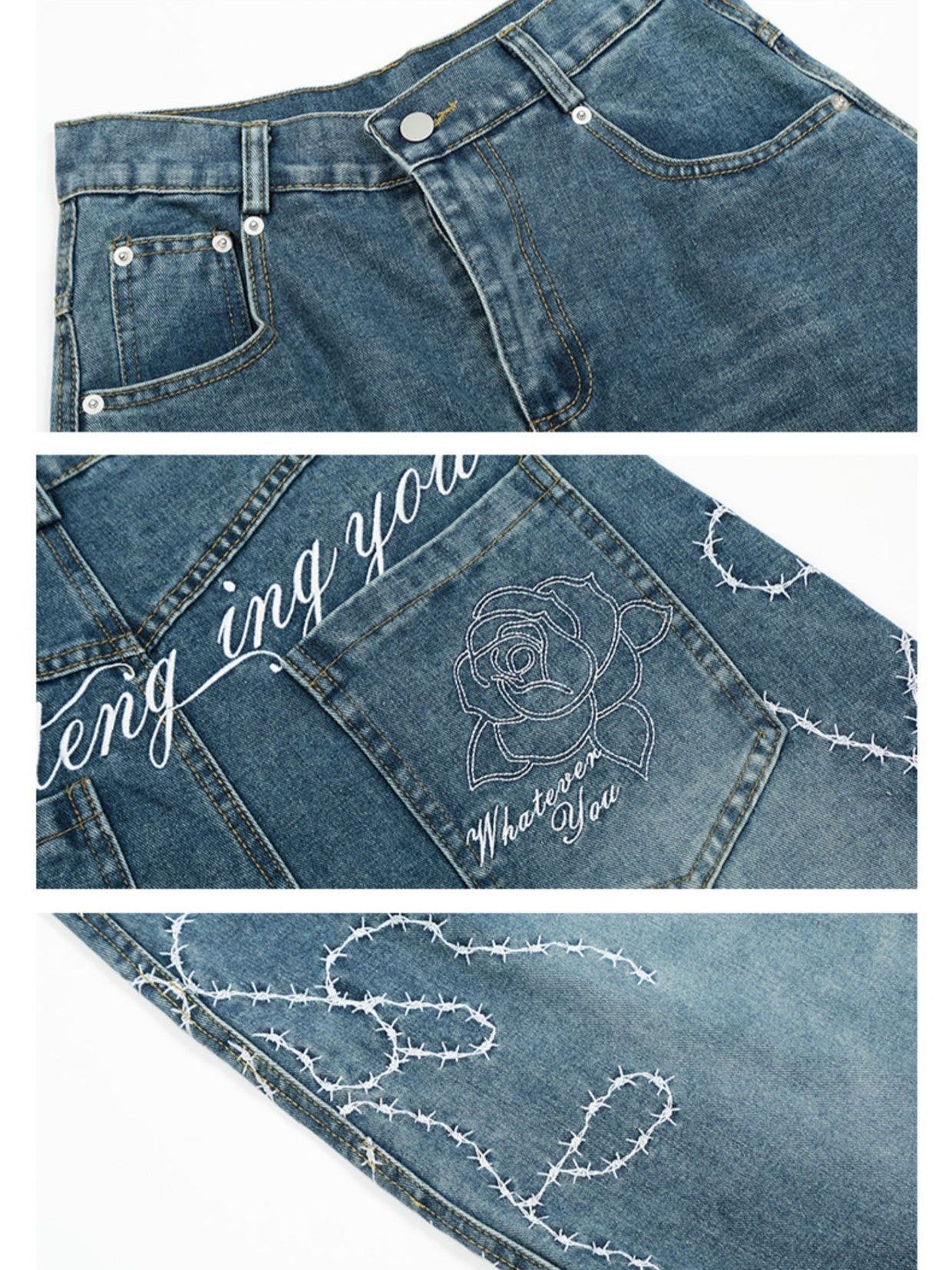 "Immediate Delivery" Rose Embroidered Denim Pants TK0268
