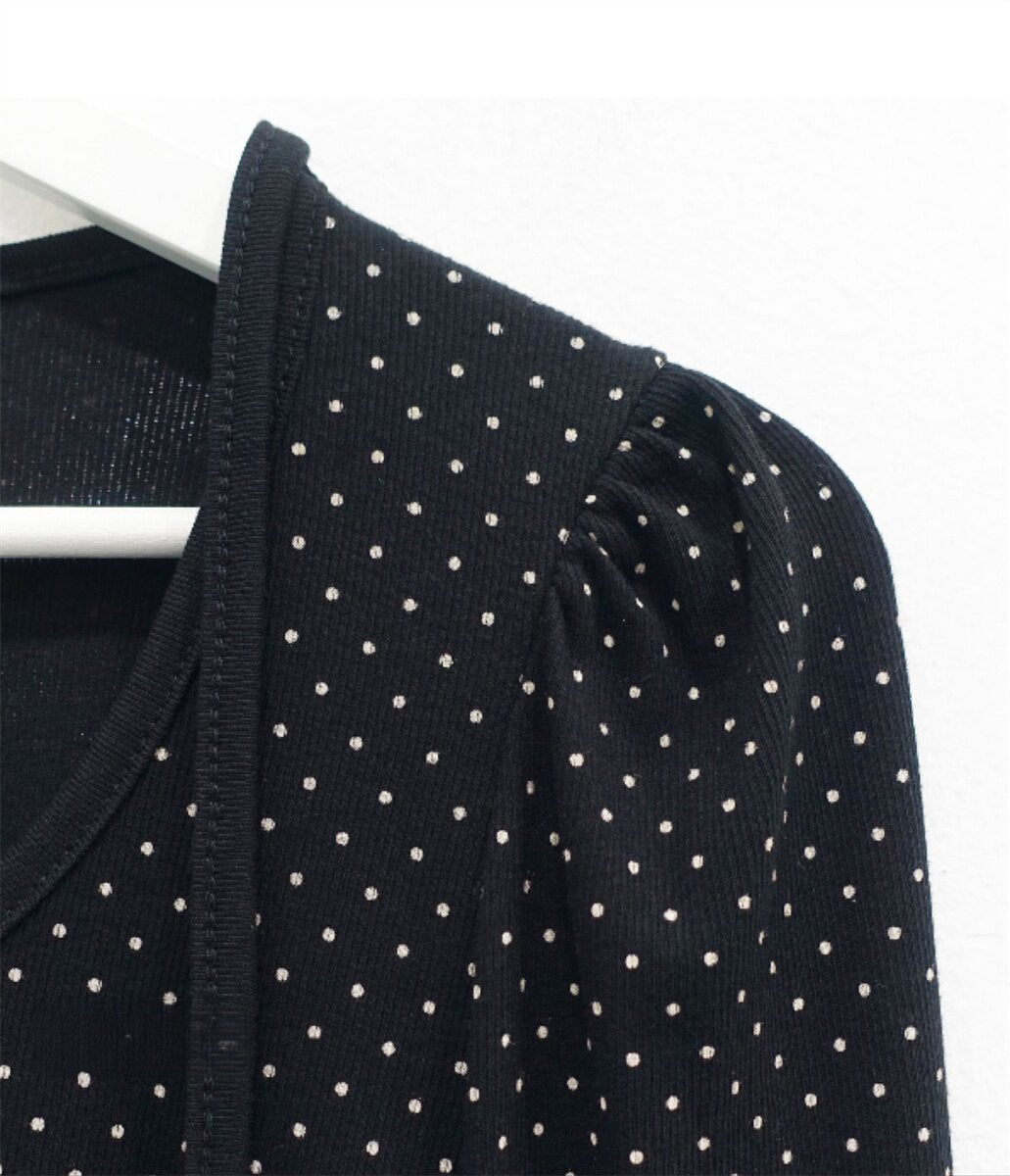Polka Dot Lace-Up Crew Neck Long-Sleeve T-Shirt TK0384