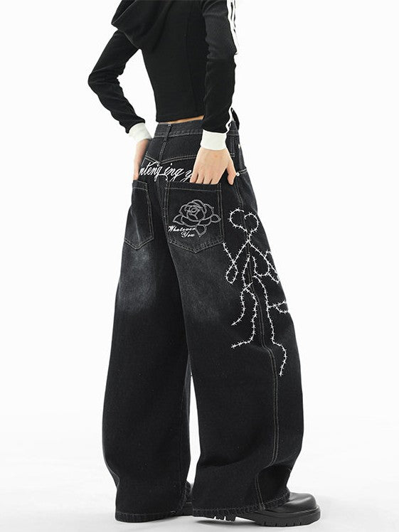 "Immediate Delivery" Rose Embroidered Denim Pants TK0268