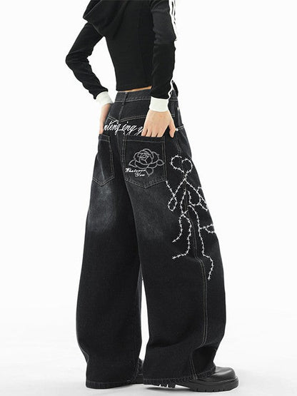 "Immediate Delivery" Rose Embroidered Denim Pants TK0268