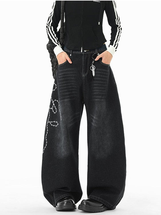 "Immediate Delivery" Rose Embroidered Denim Pants TK0268
