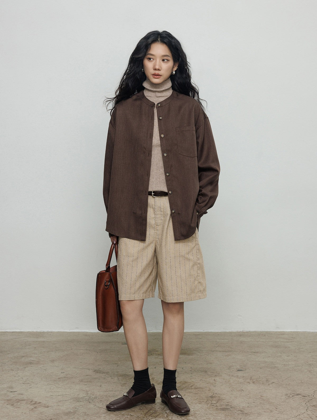 ノーカラーボタンシャツ 長袖トップス ME0039