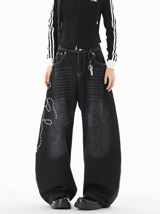 "Immediate Delivery" Rose Embroidered Denim Pants TK0268