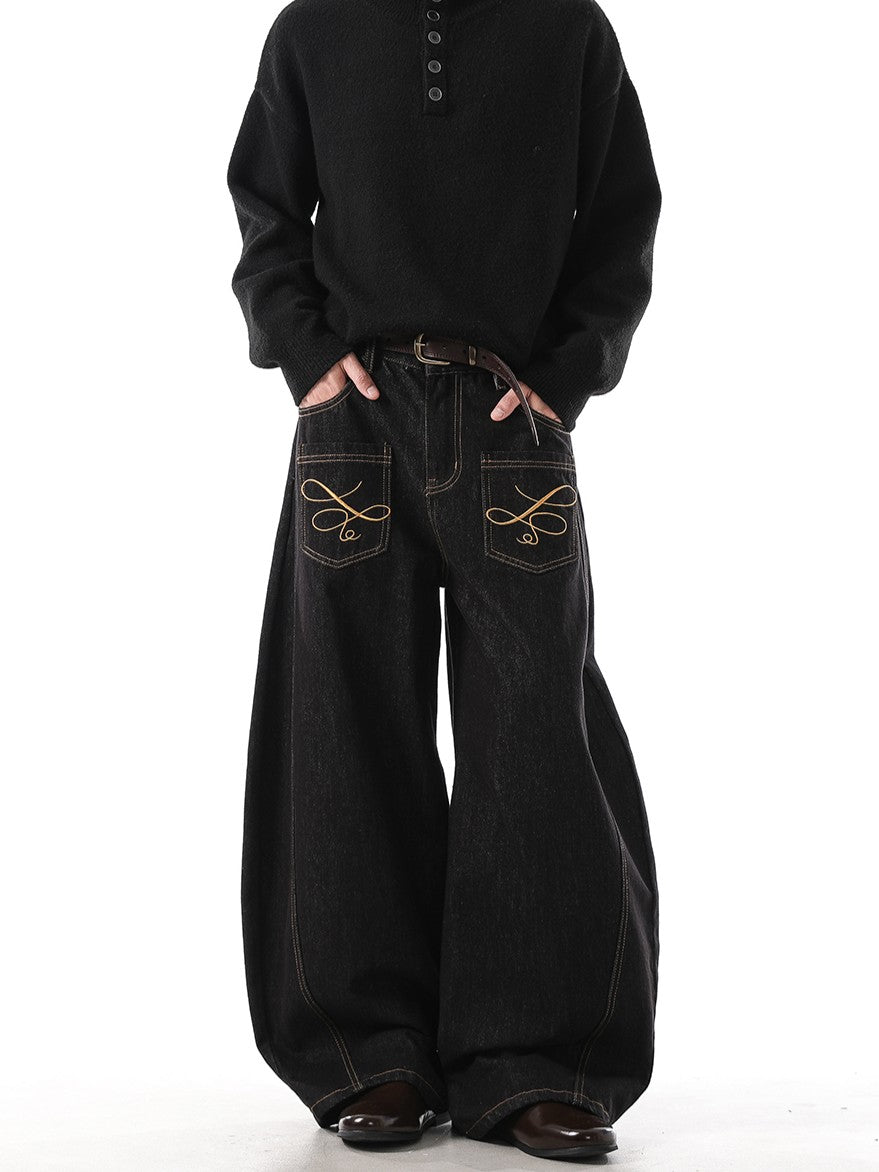 "Embroidered" Wide Baggy Denim Pants TK0305