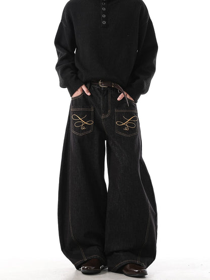 "Embroidered" Wide Baggy Denim Pants TK0305
