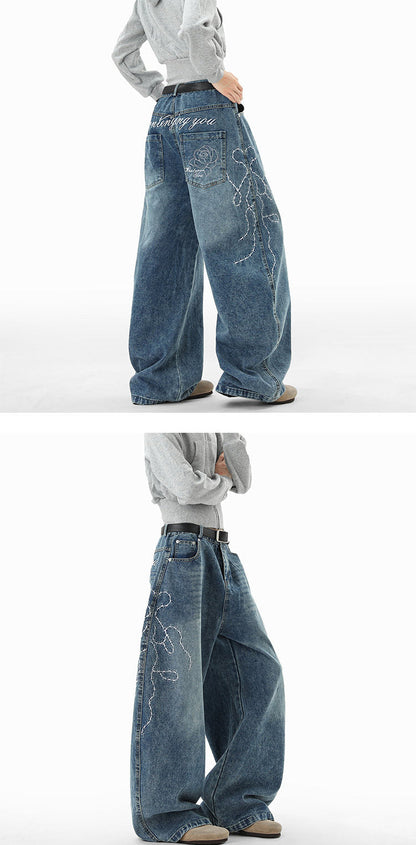 "Immediate Delivery" Rose Embroidered Denim Pants TK0268