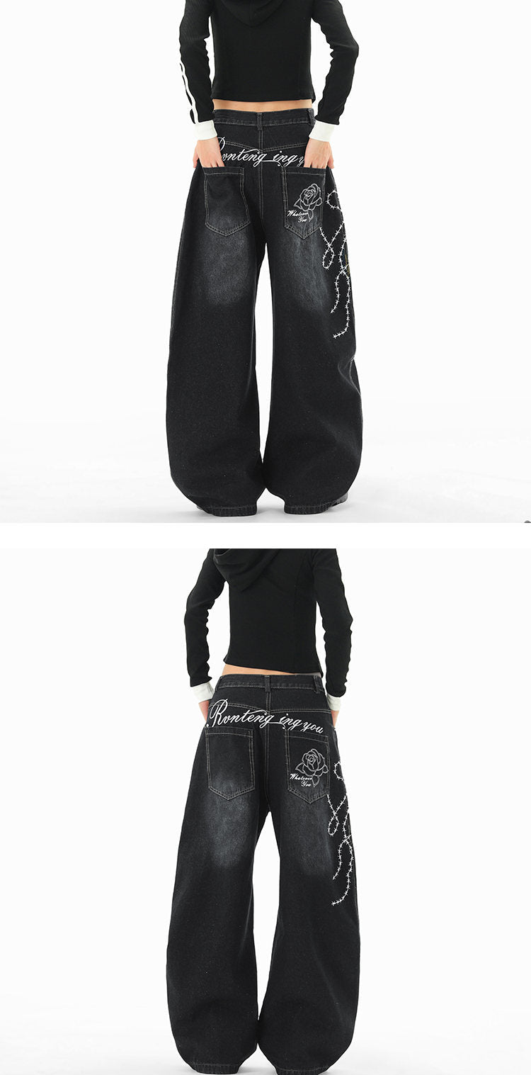 "Immediate Delivery" Rose Embroidered Denim Pants TK0268