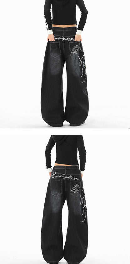 "Immediate Delivery" Rose Embroidered Denim Pants TK0268