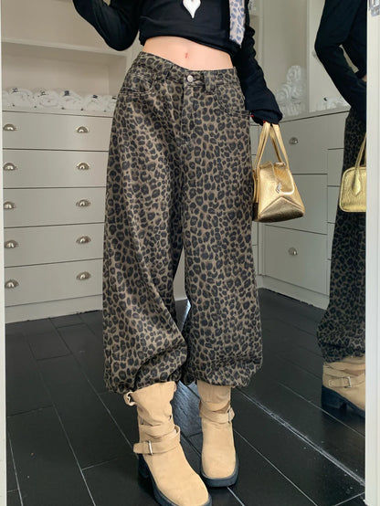 Versatile Leopard Print High-Waisted Wide Leg Jeans TK0095