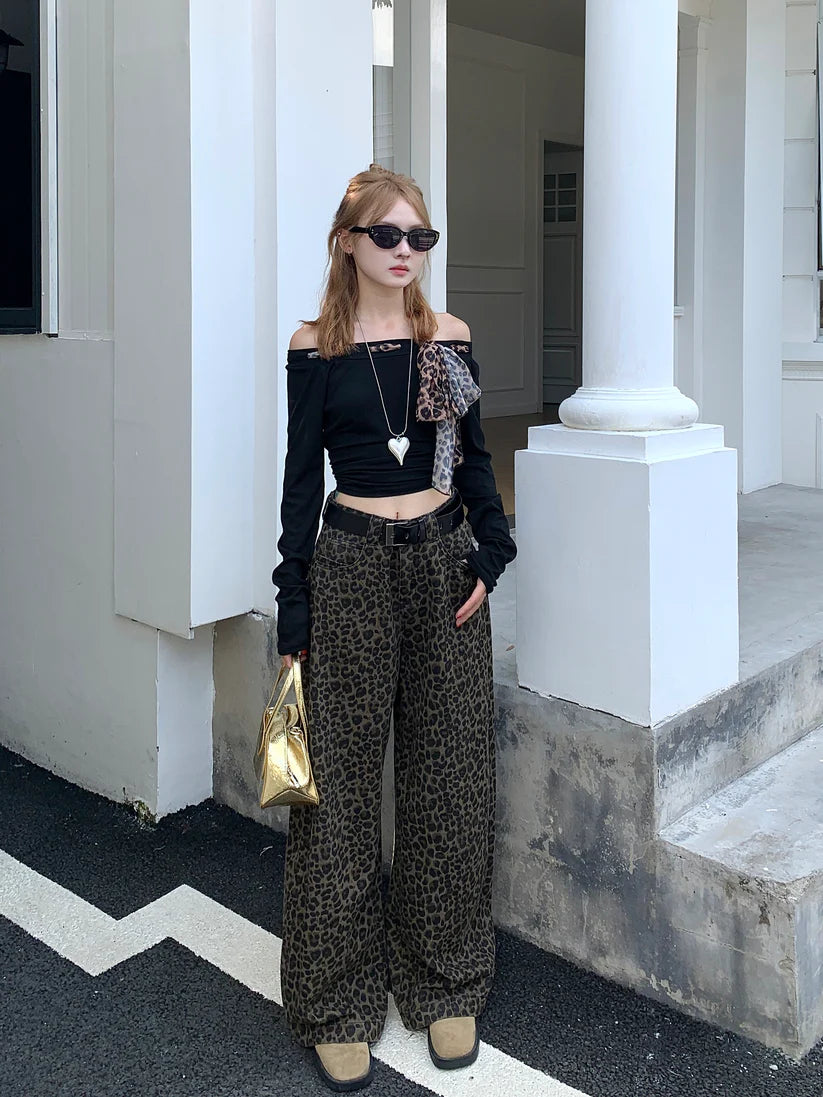 Versatile Leopard Print High-Waisted Wide Leg Jeans TK0095
