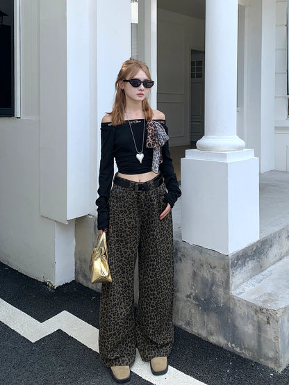 Versatile Leopard Print High-Waisted Wide Leg Jeans TK0095