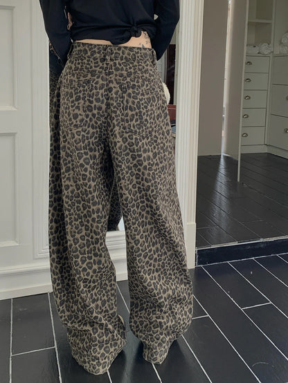 Versatile Leopard Print High-Waisted Wide Leg Jeans TK0095
