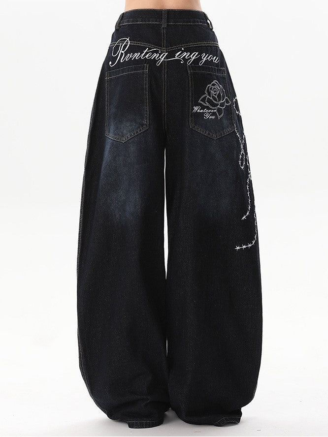 "Immediate Delivery" Rose Embroidered Denim Pants TK0268