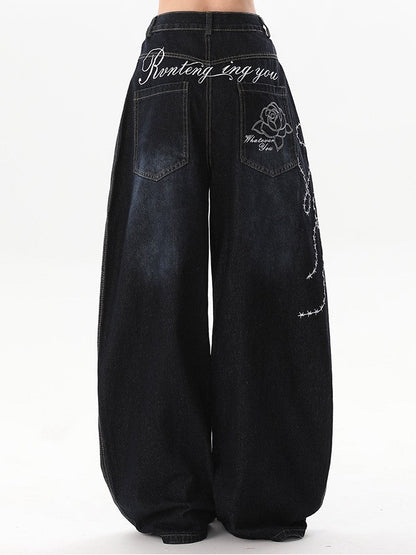 "Immediate Delivery" Rose Embroidered Denim Pants TK0268