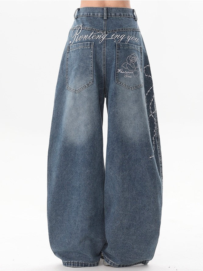 "Immediate Delivery" Rose Embroidered Denim Pants TK0268