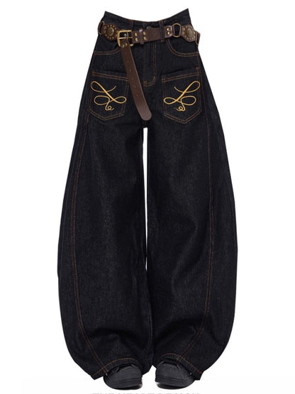 "Embroidered" Wide Baggy Denim Pants TK0305