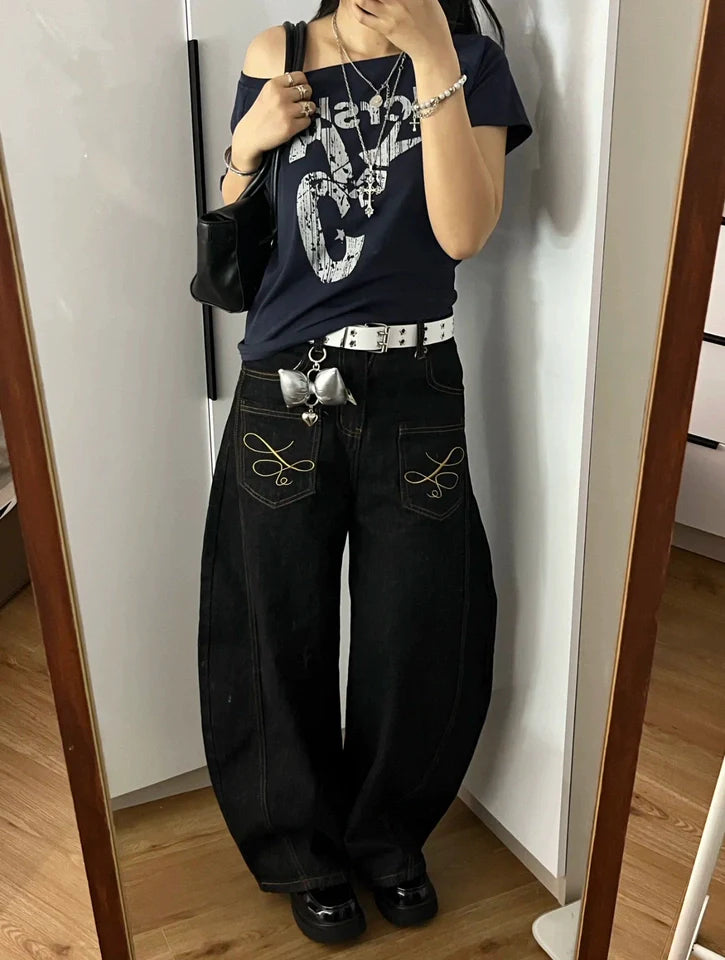 "Embroidered" Wide Baggy Denim Pants TK0305