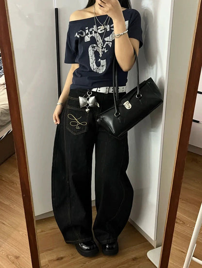 "Embroidered" Wide Baggy Denim Pants TK0305