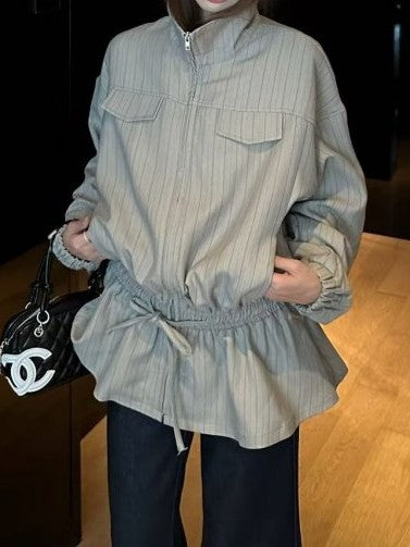 Striped collared short jacket TK0329