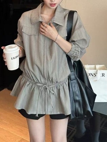 Striped collared short jacket TK0329