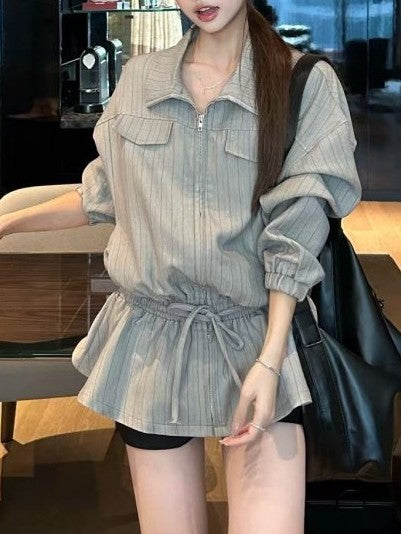 Striped collared short jacket TK0329