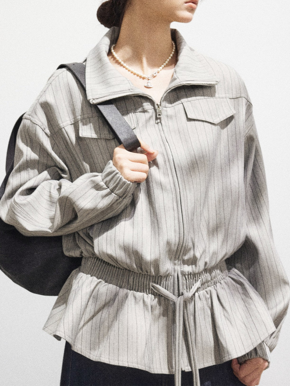 Striped collared short jacket TK0329