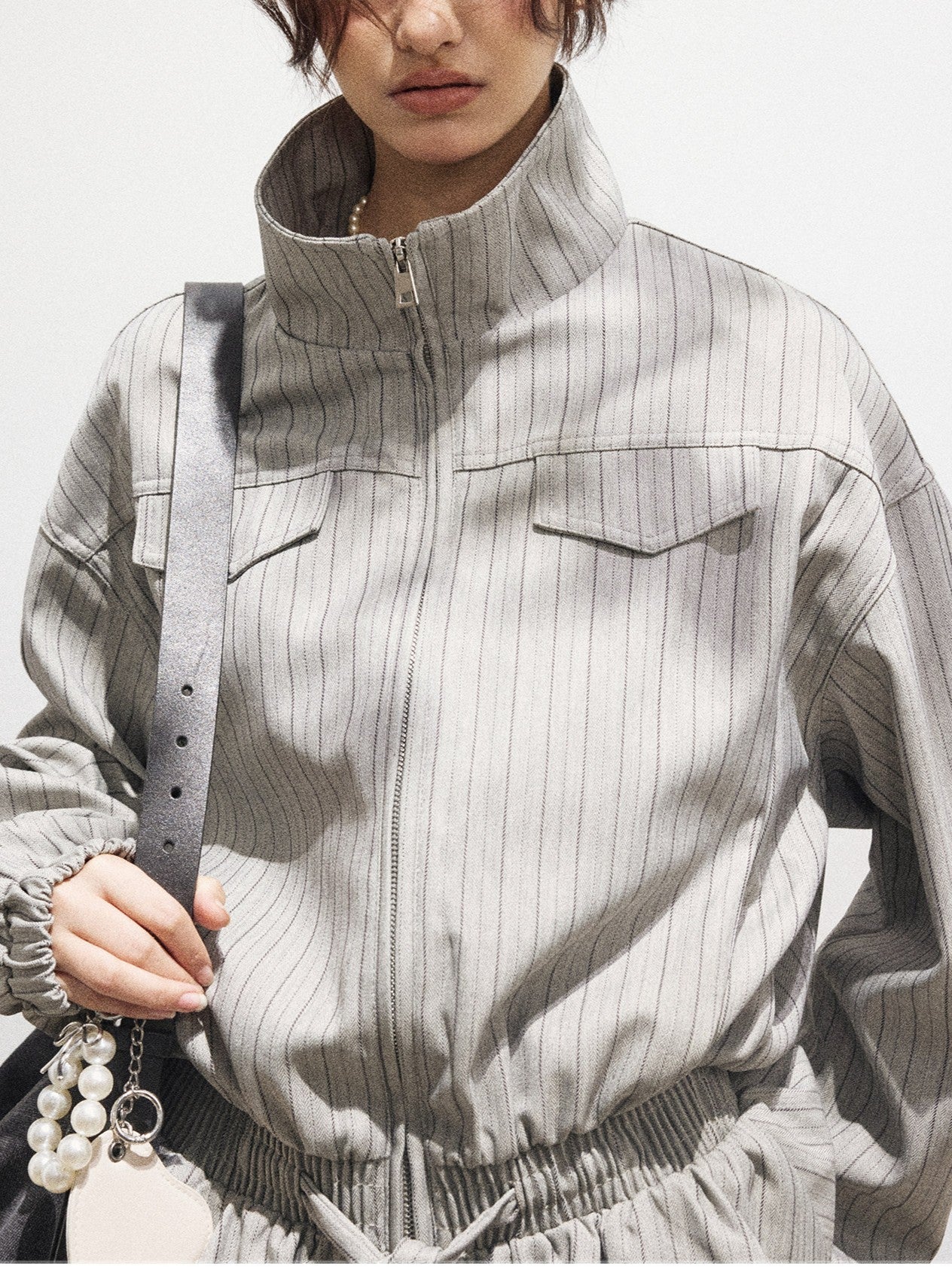 Striped collared short jacket TK0329