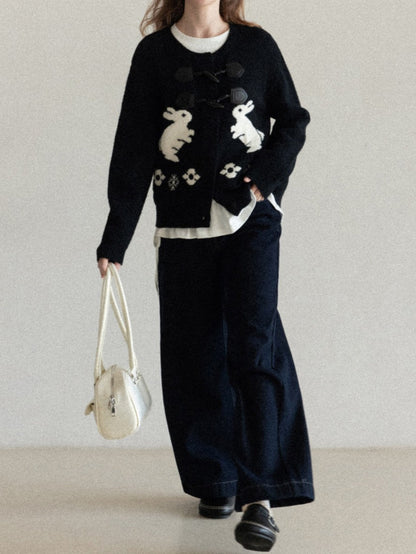 Rabbit embroidered toggle button knit cardigan TK0345