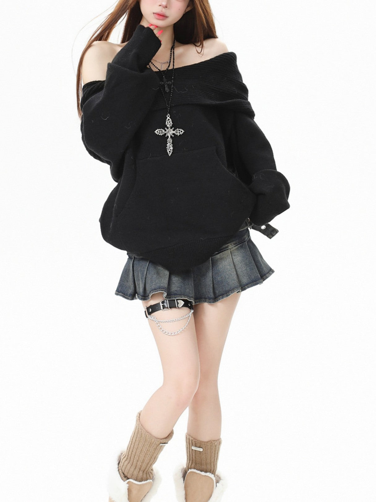 2-Way Hooded Off-Shoulder Knit Top TK0375