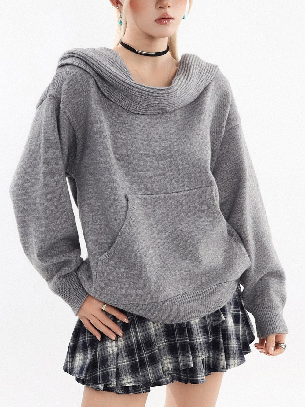 2-Way Hooded Off-Shoulder Knit Top TK0375