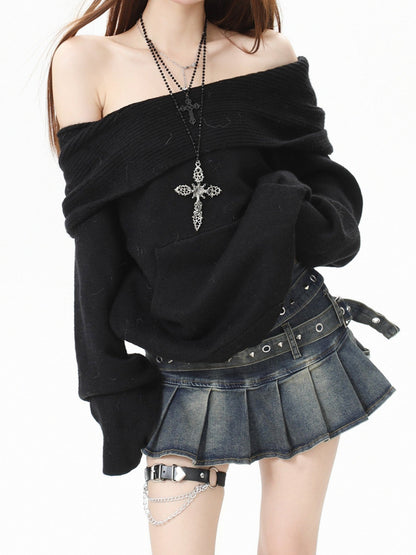 2-Way Hooded Off-Shoulder Knit Top TK0375