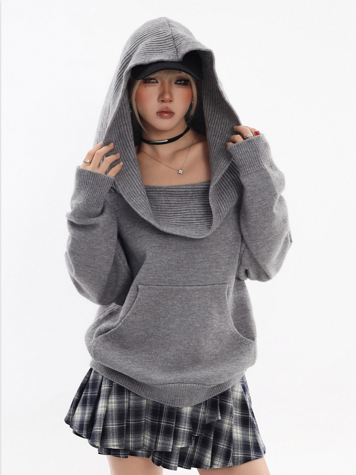 2-Way Hooded Off-Shoulder Knit Top TK0375