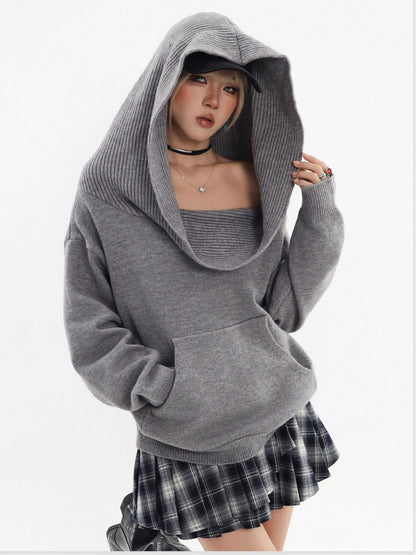 2-Way Hooded Off-Shoulder Knit Top TK0375