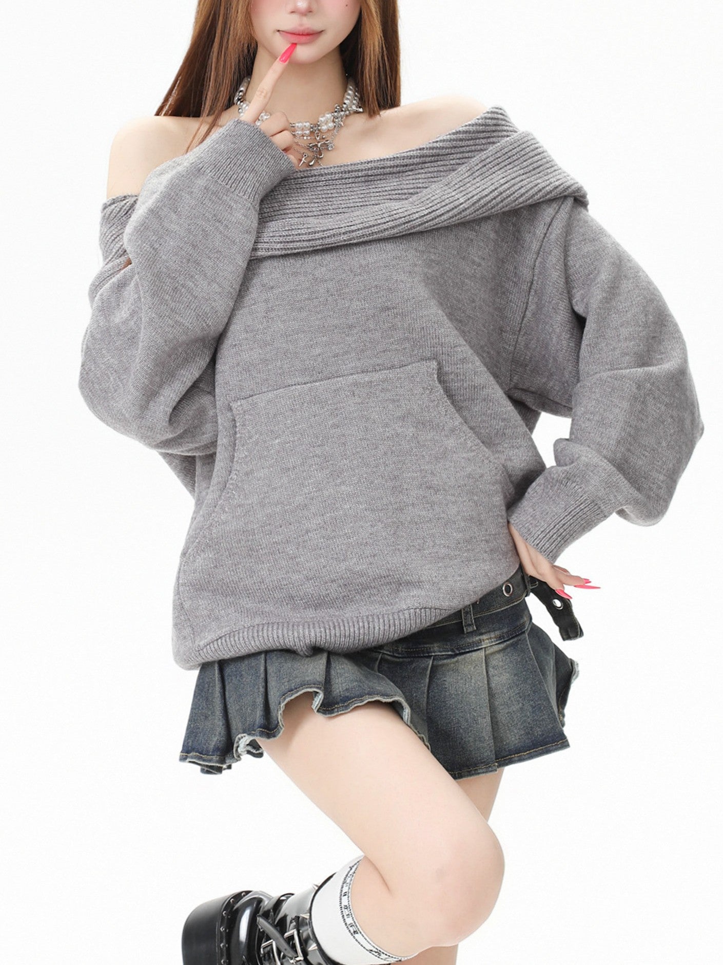 2-Way Hooded Off-Shoulder Knit Top TK0375