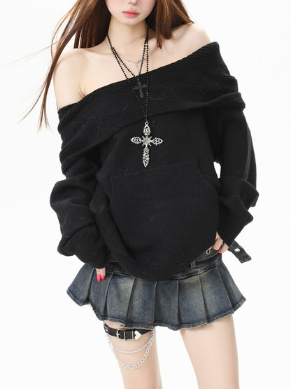 2-Way Hooded Off-Shoulder Knit Top TK0375