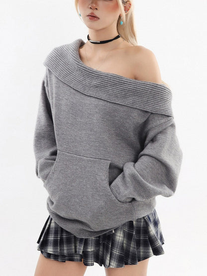 2-Way Hooded Off-Shoulder Knit Top TK0375