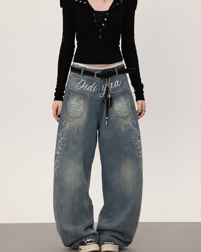 フラワープリント ストレートデニムパンツ TK0377