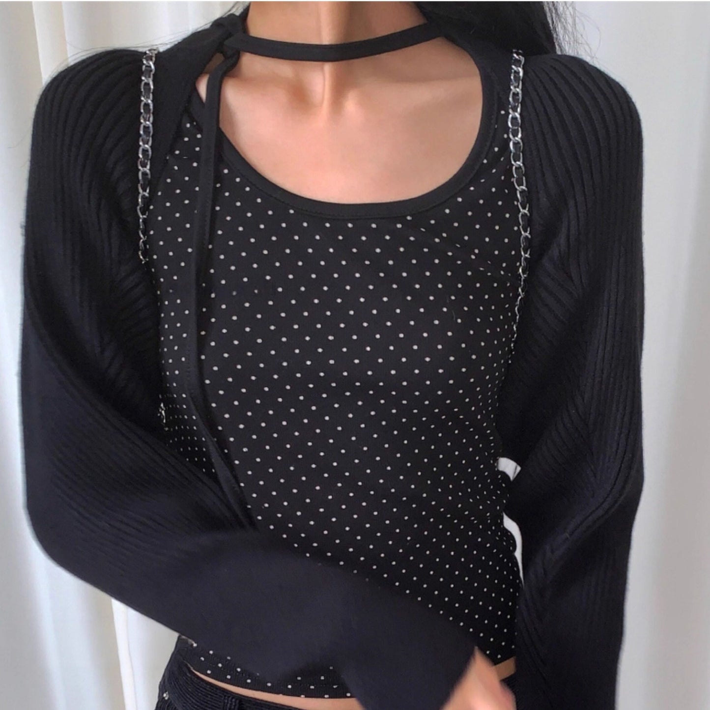 Polka Dot Lace-Up Crew Neck Long-Sleeve T-Shirt TK0384