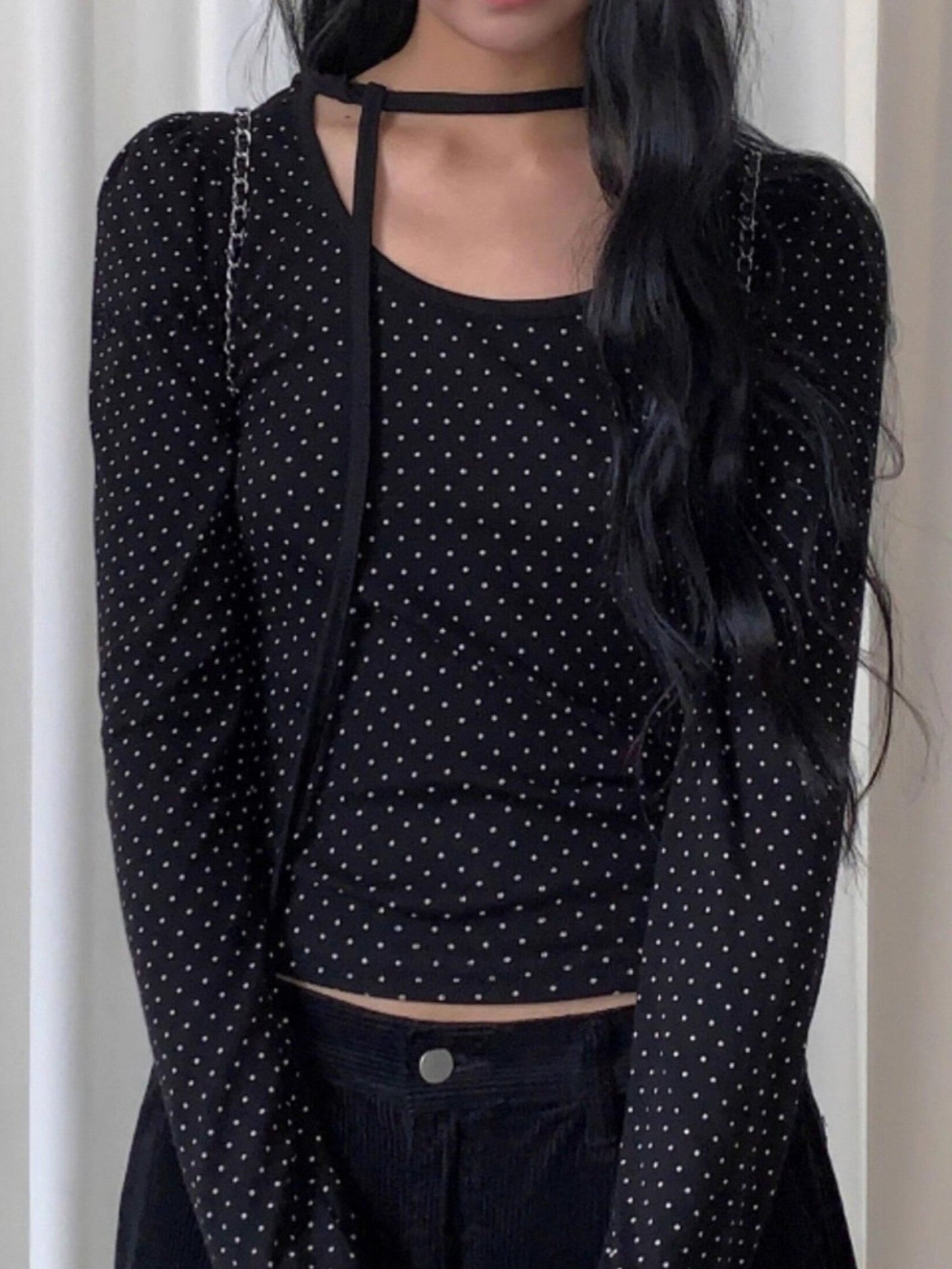 Polka Dot Lace-Up Crew Neck Long-Sleeve T-Shirt TK0384