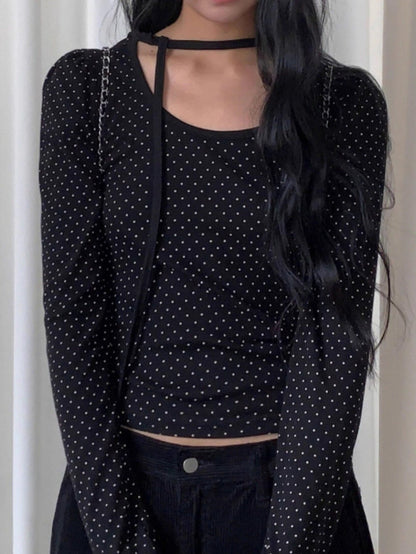 Polka Dot Lace-Up Crew Neck Long-Sleeve T-Shirt TK0384