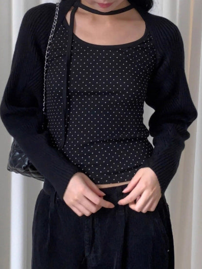Polka Dot Lace-Up Crew Neck Long-Sleeve T-Shirt TK0384