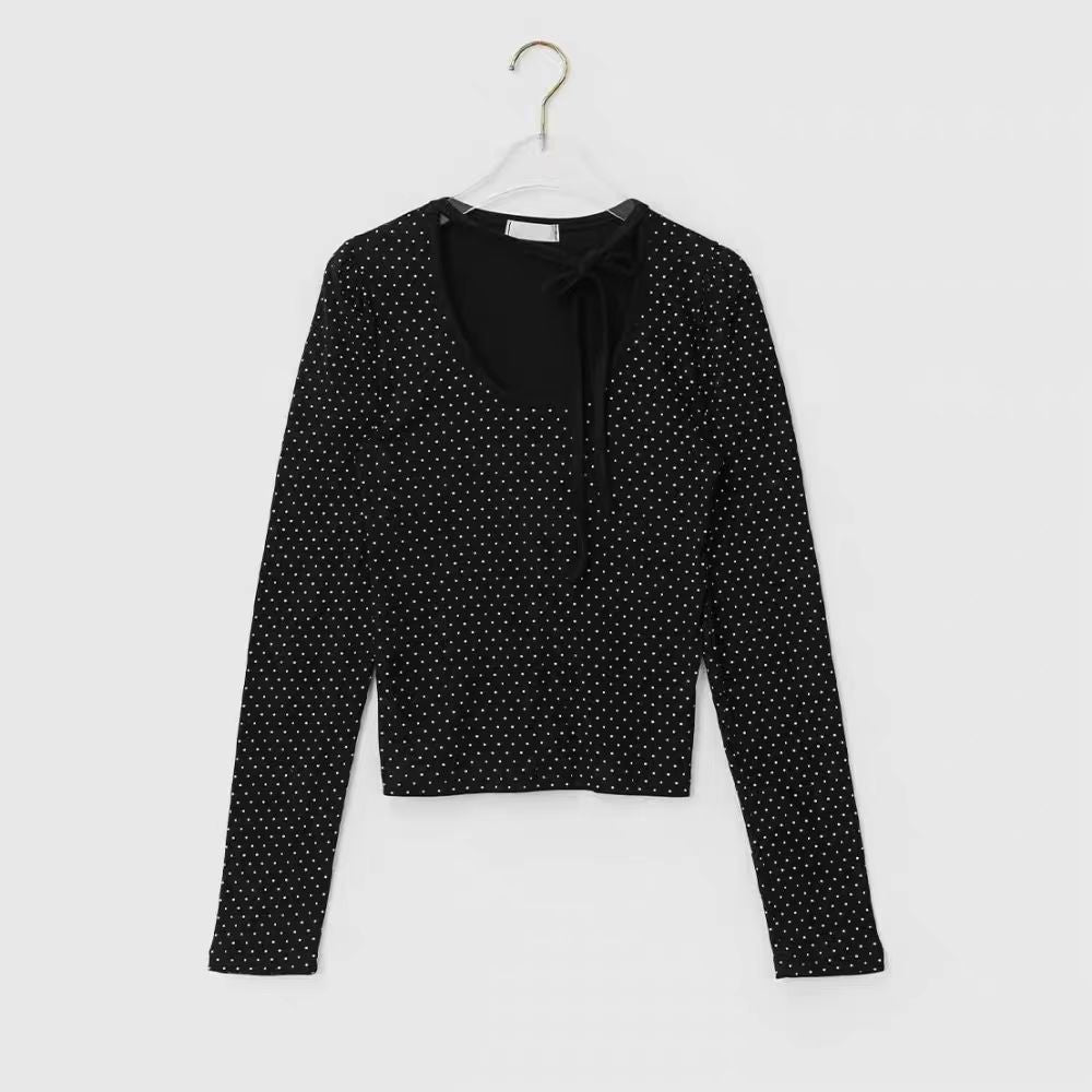 Polka Dot Lace-Up Crew Neck Long-Sleeve T-Shirt TK0384