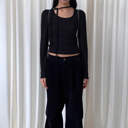Polka Dot Lace-Up Crew Neck Long-Sleeve T-Shirt TK0384