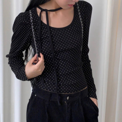 Polka Dot Lace-Up Crew Neck Long-Sleeve T-Shirt TK0384