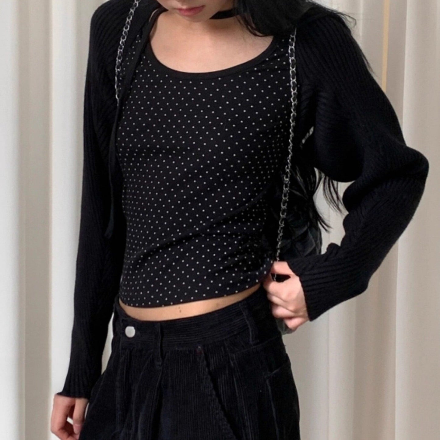 Polka Dot Lace-Up Crew Neck Long-Sleeve T-Shirt TK0384
