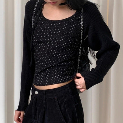 Polka Dot Lace-Up Crew Neck Long-Sleeve T-Shirt TK0384
