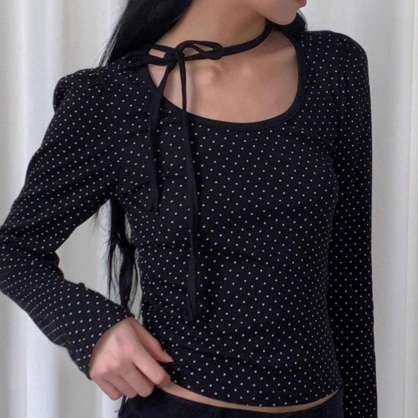 Polka Dot Lace-Up Crew Neck Long-Sleeve T-Shirt TK0384