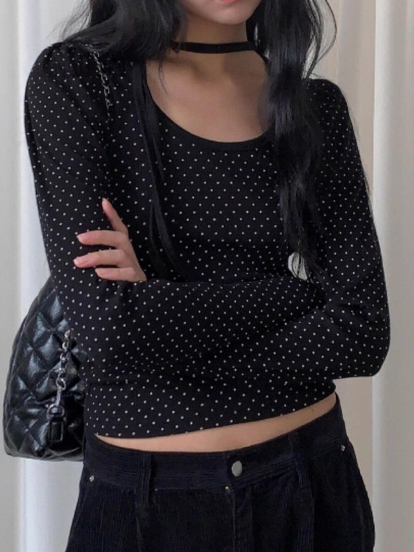 Polka Dot Lace-Up Crew Neck Long-Sleeve T-Shirt TK0384