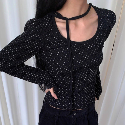 Polka Dot Lace-Up Crew Neck Long-Sleeve T-Shirt TK0384