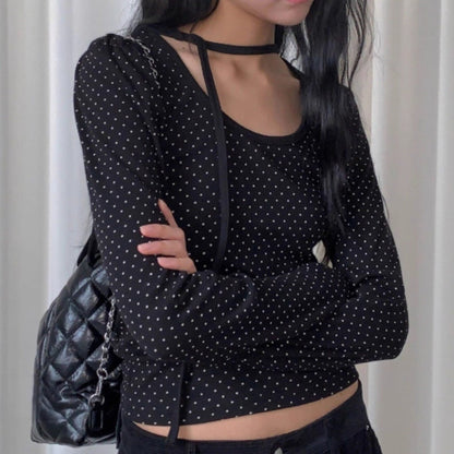 Polka Dot Lace-Up Crew Neck Long-Sleeve T-Shirt TK0384